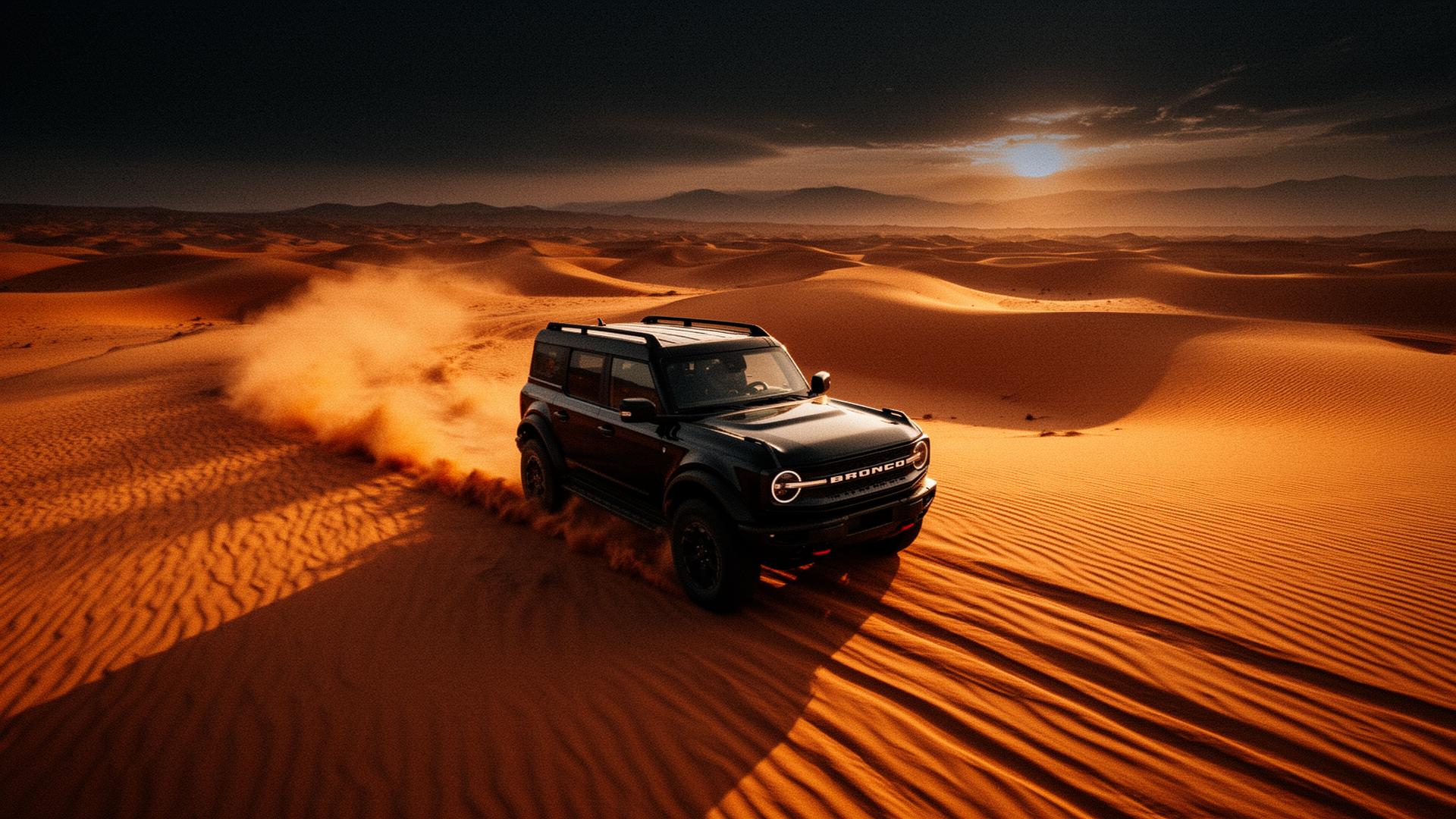 Cinematic aerial shot of a Ford Bronco crossing Saudi desert dunes at sunset